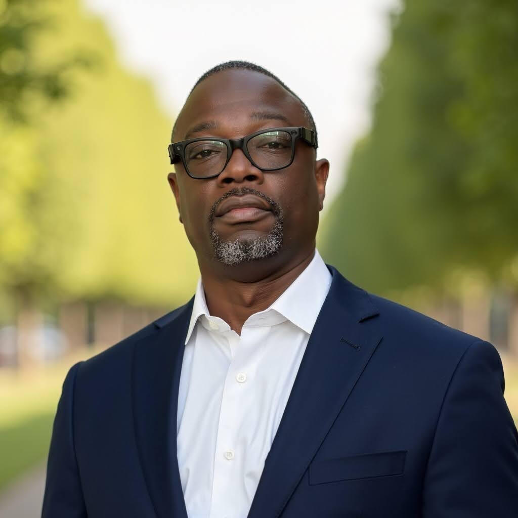 Professional portrait of Lathier O. Graham wearing a navy blazer and white open collar shirt.